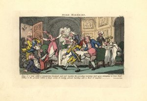 Man die van een gebroken stoel valt tijdens een diner door Thomas Rowlandson