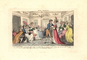 Man gedwongen een lelijke vrouw te kussen op een dansfeest door Thomas Rowlandson