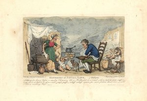 Man met blaasbalg voor een vuur in een rokerige kamer