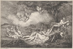 Mars en slapende Venus met putti door Thomas Rowlandson