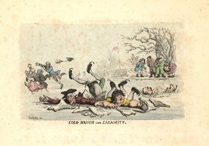 Mannen en vrouwen schaatsen op dun ijs en vallen in een bevroren rivier