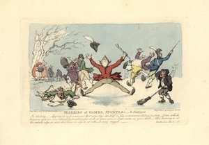 Mannen die vallen op schaatsen, een ander valt door het ijs