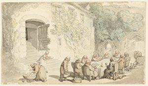 Monniken dineren buiten (recto); Dorpsstraat (verso) door Thomas Rowlandson