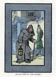 Nachtwaker met zijn lantaarn en stok, onoplettend voor twee inbrekers (houtsnede gebaseerd op een schilderij van Thomas Rowlandson) door Thomas Rowlandson