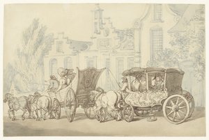 Open reiswagen en koets in een quasi-Hollandse straat door Thomas Rowlandson