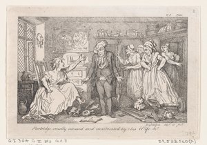 Patrijs wreed beschuldigd en mishandeld door zijn vrouw, uit De geschiedenis van Tom Jones, een vondeling door Thomas Rowlandson