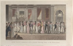 Quae Genus gearresteerd, met een uitbundig dansfeest, naar het wachthuis door Thomas Rowlandson