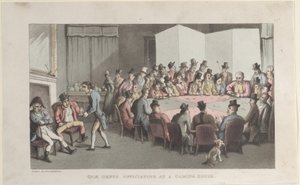 Quae Genus officiating in een gokhuis, uit De geschiedenis van Johnny Quae Gen..., 1 november 1821 door Thomas Rowlandson