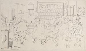 Quae Genus in de sporten van de keuken, uit De geschiedenis van Johnny Quoe Genus: de kleine..., 1822 door Thomas Rowlandson