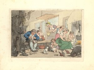 Regency schoenmaker repareert schoenen in een drukke kamer door Thomas Rowlandson