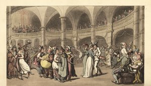 Feestvierders in kostuum op een gemaskerd bal in een groot theater door Thomas Rowlandson