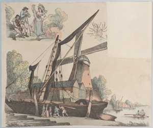 Rivierscène met molen van plaat 9, Contouren van figuren, landschappen en C..., 20 januari 1791 door Thomas Rowlandson