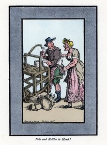 Rondreizende en klant die de onderkant van een pot laat zien. Hij slaat met een hamer op een metalen pot op een draagbare bank. Houtsnede, gebaseerd op een schilderij door Thomas Rowlandson (1756-1827), gepubliceerd in The Cris of London: met zes charmante door Thomas Rowlandson