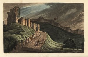 Kasteel van Scarborough: toeristen wandelen de heuvel op naar het 12e-eeuwse stenen kasteel. Handgekleurde kopergravure door Thomas Rowlandson naar een schets van J. Green uit Poetical Sketches of Scarborough, Ackermann, Londen