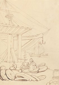 Schets van een vrouw en kinderen die op een laadkade zitten door Thomas Rowlandson