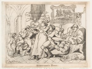 De sporterszaal, of: Jagers die tot rust komen door Thomas Rowlandson