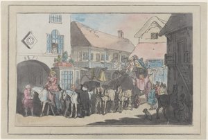 Postkoets en ruiters op de binnenplaats van een herberg, klaar om te vertrekken