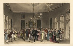De balzaal: modieuze toeristen dansen in de Scarborough Assembly Rooms. Elke heer die danst betaalt 2s, en elke dame die thee drinkt betaalt 1s. Handgekleurde kopergravure door Thomas Rowlandson naar een schets van J. Green uit Poetical Sketches of Scarbor