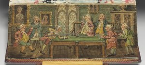 Het Boek van Gemeenschappelijk Gebed, detail van een voorrand schilderij van Een biljartspel door Thomas Rowlandson