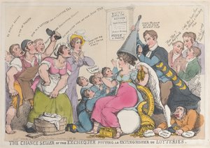 De Kansverkoper van de Schatkist die een Demping zet op Loterijen, 18 september 1823 door Thomas Rowlandson