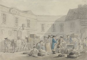 Het douanehuis in Boulogne - verso: grafietschets van paarden, rijtuigen en gebouwen door Thomas Rowlandson
