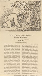 De beroemde zwarte kolenploeger, Black Charley, die in de opening van de prachtige kolenmijn kijkt door Thomas Rowlandson