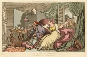 De huwelijksreis, uit The English Dance of Death, uitgegeven 1816 (handgekleurde gravure) door Thomas Rowlandson
