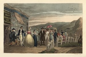 De Promenade: modieuze toeristen wandelen buiten Cracknill Schelpen, Kiezels en Curiosa Winkel. Handgekleurde kopergravure door Thomas Rowlandson, aquatint door J.C. Stadler, naar een schets van J. Green uit Poetical Sketches of Scarborough, Ackermann, Lon