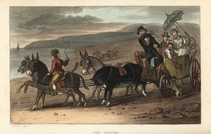 Het strand: toeristen in een rijtuig getrokken door ezels op het strand. Handgekleurde kopergravure door Thomas Rowlandson naar een schets van J. Green uit Poetical Sketches of Scarborough, Ackermann, Londen door Thomas Rowlandson