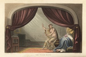 Het warme bad: naakte vrouw neemt een bad achter gordijnen in een Regency-kamer. Zegt een portret te zijn van Mary Robinson, minnares van koning George IV. Handgekleurde kopergravure door Thomas Rowlandson, aquatint door J. Bluck, naar een schets van J. Gr