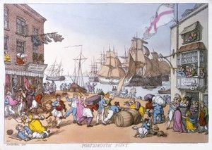 Het district Portsmouth, cartoon die de activiteiten van deze Engelse haven beschrijft