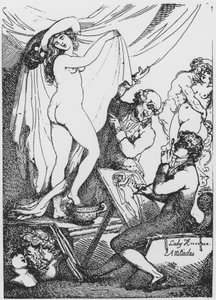 De toekomstige Lady Hamilton poseert als Hygeia, godin van de gezondheid, in Dr James Graham