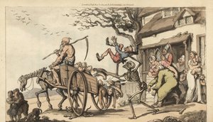 De skelet van de Dood en oude man Tijd komen om de oude echtgenoot van Goody Barton te halen, maar de kar is al te vol met lijken. Handgekleurde kopergravure door Thomas Rowlandson uit The English Dance of Death, Ackermann, Londen