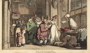 Het skelet van de Dood als priester die het huwelijk viert tussen een jonge vrouw en een lelijke oude man door Thomas Rowlandson