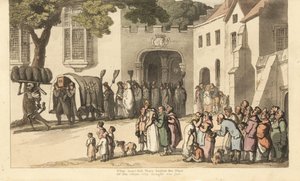 Het skelet van de Dood draagt zwarte rouwpluimen voor de stoet van Lord Roland door Thomas Rowlandson