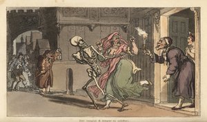 De skelet van de Dood voert een Virago weg uit een huis terwijl een nachtwaker met lantaarn toekijkt. Handgekleurde koperplaat getekend en gegraveerd door Thomas Rowlandson uit The English Dance of Death, Ackermann, Londen door Thomas Rowlandson