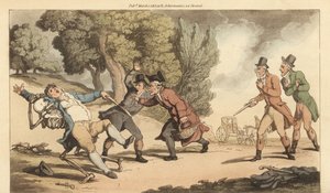 Het skelet van de Dood voert een gewonde man weg na een fatale duel met pistolen in een park door Thomas Rowlandson