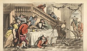 Het skelet van de Dood komt voor een Jager terwijl hij zich onder een tafel verstopt na een vossenjacht. Handgekleurde kopergravure getekend en gegraveerd door Thomas Rowlandson uit The English Dance of Death, Ackermann, Londen door Thomas Rowlandson