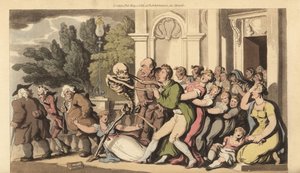 De dood grijpt een vader bij de kraag, terwijl zijn vrouw en kinderen wanhopig proberen hem te redden door Thomas Rowlandson