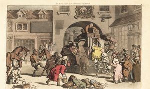 De skelet van de Dood helpt een grote matrone op het fatale laatste podium. Handgekleurde kopergravure getekend en gegraveerd door Thomas Rowlandson uit The English Dance of Death, Ackermann, Londen door Thomas Rowlandson