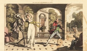 De skelet van de Dood in een cape danst een laatste wals met fragiele Caelia, terwijl haar dansleraar geschokt toekijkt. Handgekleurde kopergravure getekend en gegraveerd door Thomas Rowlandson uit The English Dance of Death, Ackermann, Londen
