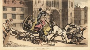 Het skelet van de Dood in mantel en muts bestuurt een tweespan dat crasht in wegwerkzaamheden en zijn passagier, een gerechtsdeurwaarder, doodt. Handgekleurde kopergravure getekend en gegraveerd door Thomas Rowlandson uit The English Dance of Death, Ackerm door Thomas Rowlandson