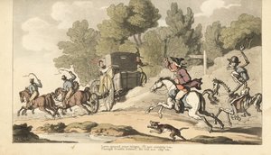 Het skelet van de Dood voegt zich bij een boze vader terwijl hij probeert zijn enige dochter te stoppen die met een soldaat naar Gretna Green vlucht door Thomas Rowlandson