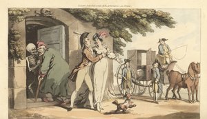 Het skelet van de Dood leidt een oude man naar een mausoleum, waardoor zijn jonge weduwe vrij is om te hertrouwen. Handgekleurde kopergravure getekend en gegraveerd door Thomas Rowlandson uit The English Dance of Death, Ackermann, Londen door Thomas Rowlandson