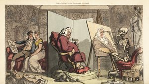 De skelet van de Dood schildert een portret van een wethouder, terwijl zijn jonge dienstmeisje flirt met een galante kunstenaar achter het scherm. Handgekleurde koperplaat getekend en gegraveerd door Thomas Rowlandson uit The English Dance of Death, Ackerm