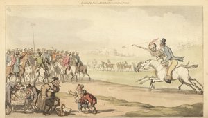 De skelet van de Dood rijdt met een man naar de finish op een renbaan, terwijl kinderen een spelletje lotto spelen. Handgekleurde kopergravure getekend en gegraveerd door Thomas Rowlandson uit The English Dance of Death, Ackermann, Londen door Thomas Rowlandson