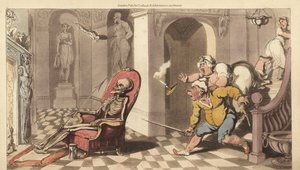 Het skelet van de Dood zit in de portiersstoel van een groot huis, terwijl de angstige bedienden de trap af komen om te onderzoeken. Handgekleurde kopergravure getekend en gegraveerd door Thomas Rowlandson uit The English Dance of Death, Ackermann, Londen
