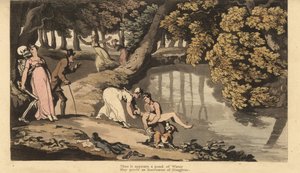 De skelet van de Dood neemt de moeder terwijl ze getuige is van het levenloze lichaam van haar zoon dat uit een meer wordt gehaald door Thomas Rowlandson