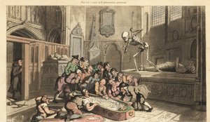 De skelet van de Dood kijkt toe hoe antiquairs het lijk van een koning opgraven uit een crypte in een kerk. Handgekleurde kopergravure getekend en gegraveerd door Thomas Rowlandson uit The English Dance of Death, Ackermann, Londen