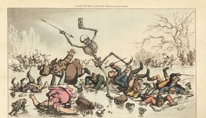 Het skelet van de Dood met pijl en zandloper schaatsend op een bevroren vijver terwijl andere schaatsers door het gebroken ijs vallen. Handgekleurde kopergravure getekend en gegraveerd door Thomas Rowlandson uit The English Dance of Death, Ackermann, Londe door Thomas Rowlandson